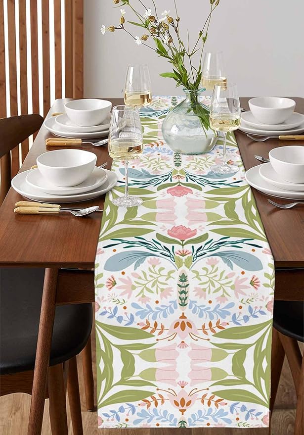 Green Blue Pink Boho Floral Cotton Linen Table Runner for Dining Kitchen, Wedding Outdoor Party Tablerunners Decoration, Retro Bohemian Botanical Dresser Scarf Coffee Tablecloth Runners 13x48 Inches