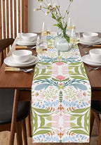 Green Blue Pink Boho Floral Cotton Linen Table Runner for Dining Kitchen, Wedding Outdoor Party Tablerunners Decoration, Retro Bohemian Botanical Dresser Scarf Coffee Tablecloth Runners 13x108 Inches