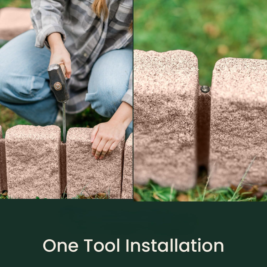 Beuta Landscape Edging | Garden Edging Border | Faux Stone Block XL for Lawn Edging, Flower Beds & Yard Edging – 1 Pack | Each Section Has 6 Blocks 48" L x 4" W x 9.5" H | 3 Spikes | Sandstone