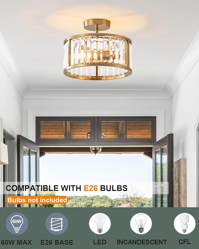 Brass Gold Flush Mount Ceiling Light, 2- Light Caged Crystal Chandelier, Small Drum Hallway Light fixtures Ceiling Mount (Brass Gold)
