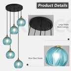 KCO Lighting Modern Blue Glass Chandelier Globe Cluster Pendant Light Black and Gold Kitchen Pendant Lighting Nordic Ribbed Glass Pendant Light Large Round Chandelier