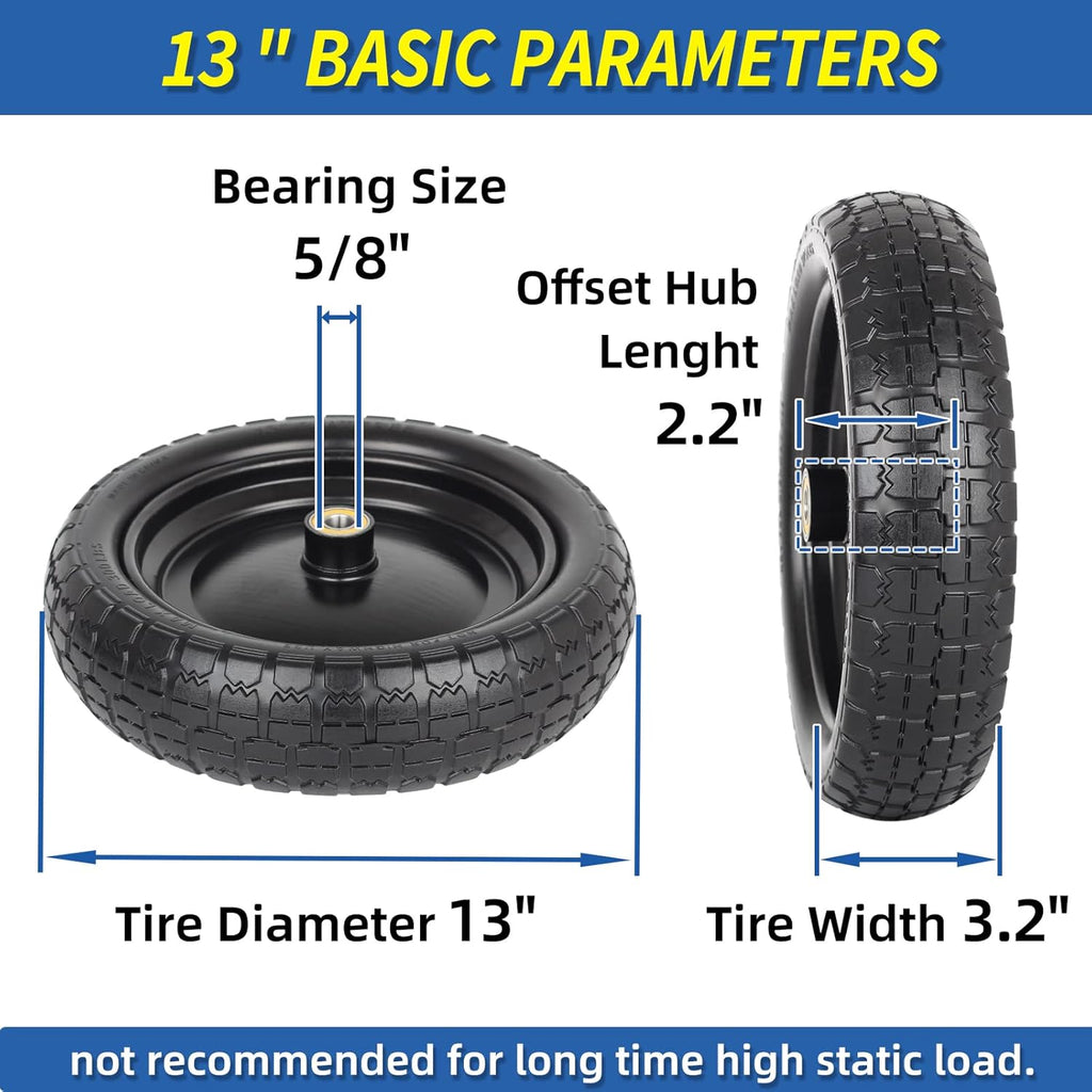 13" Flat-free Solid Tire and Wheel, with 5/8" Axle Bore Hole, 2.2" Offset Hub, Replacement 4.00-6 Wheelbarrow tire, Compatible with Garden Wagon Trolley Dolly, 2 Pack