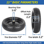 13" Flat-free Solid Tire and Wheel, with 5/8" Axle Bore Hole, 2.2" Offset Hub, Replacement 4.00-6 Wheelbarrow tire, Compatible with Garden Wagon Trolley Dolly, 2 Pack