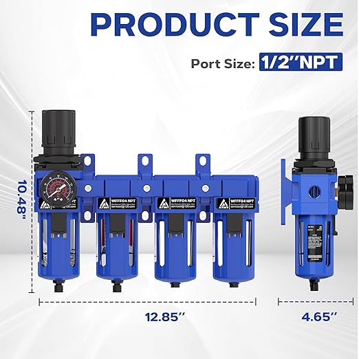 1/2 Inch NPT Air Dryer for Compressor,4 Stage Air Drying System,Brass Filter, Coalescing Filter,Double Desiccant Dryers & Air Regulator,Metal Bowl,Semi-Auto Drain,Industrial Grade(Blue)
