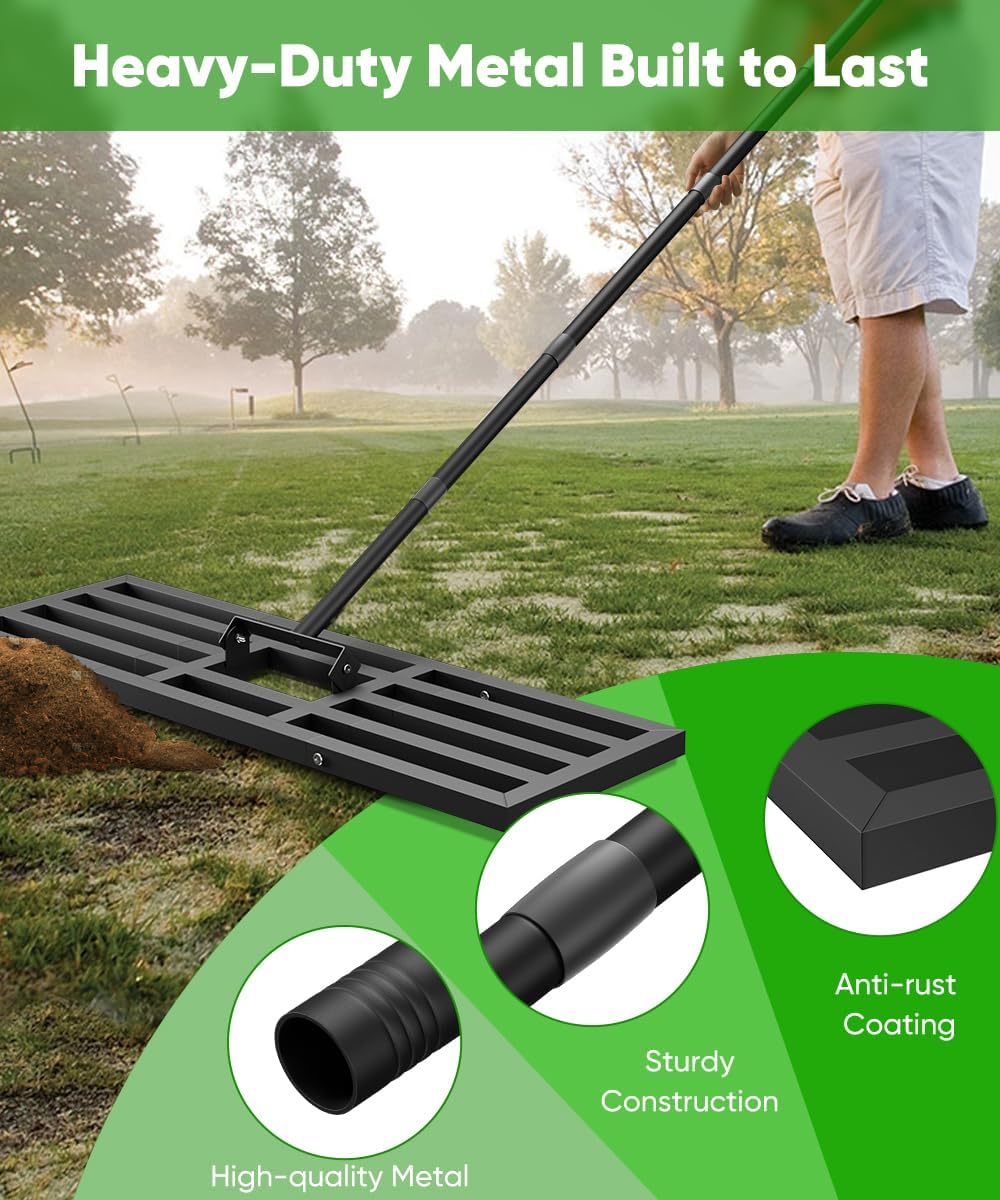44x10 inch Lawn Leveling Rake, Upgraded Lawn Leveler Tool Heavy Duty Reinforced Connection, Garden Rake with Adjustable Long Handle, Ground Leveler for Yard Smoothing Soil Grass Dirt Sand