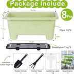 Oliz Self-Watering Rectangle Planter Boxes 8-Pack, 15.7-Inch Window Box Planter with Drainage Holes & Trays, Pots for Vegetables, Herbs, Flowers, Garden Windowsill Balcony (Light Green)