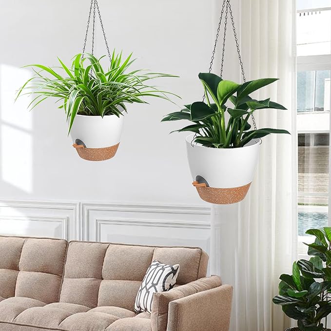 3 Pack Hanging Planter Indoor Outdoor Flower Pots 7/6.5/5 Inch, Self-Watering Hanging Pot with Drainage Holes Hanging Baskets Holder Plant Pots for Garden (White)