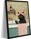 Framed Vintage Cat Canvas Wall Art, Funny Pink Animal Reading Books Painting Picture Print, Cute Kitten Lovers Aesthetic Wall Decor for Nursery Girls Room Bedroom Kids Room 24''L x 16''W