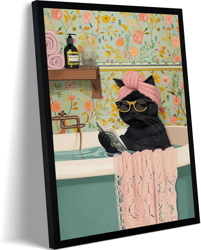 Framed Vintage Cat Canvas Wall Art, Funny Pink Animal Reading Books Painting Picture Print, Cute Kitten Lovers Aesthetic Wall Decor for Nursery Girls Room Bedroom Kids Room 24''L x 16''W