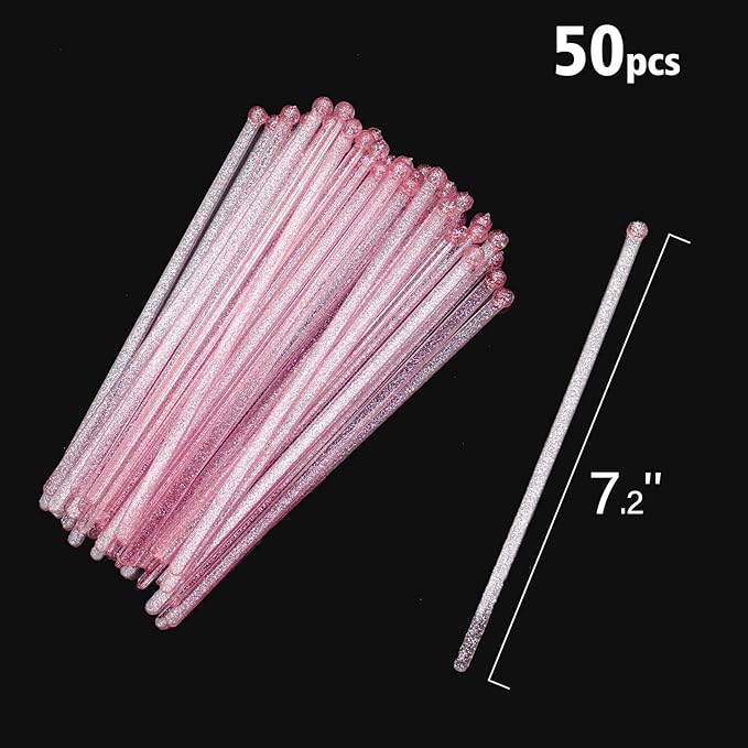 50-PCS Pink Glitter Plastic Swizzle Sticks, Crystal Cake Pops, Cocktail Coffee Drink Stirrers, Lolipop Stick, for Valentines Day Christmas Party, 7.24 Inch