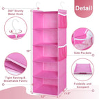 MAX Houser 5-Shelf Hanging Closet Organizer, Hanging Storage Shelves with 4 Side Pockets Space-Saving for Bedroom, Foldable (Pink)