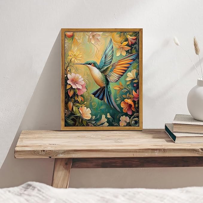 Djmwtb William Morris Framed Wall Art Flower Bird Canvas Wall Art Nature Art Wall Decor Vintage Hummingbird Pictures Paintings Colorful Botanical Artwork Prints for Bedroom Living Room 8x10in