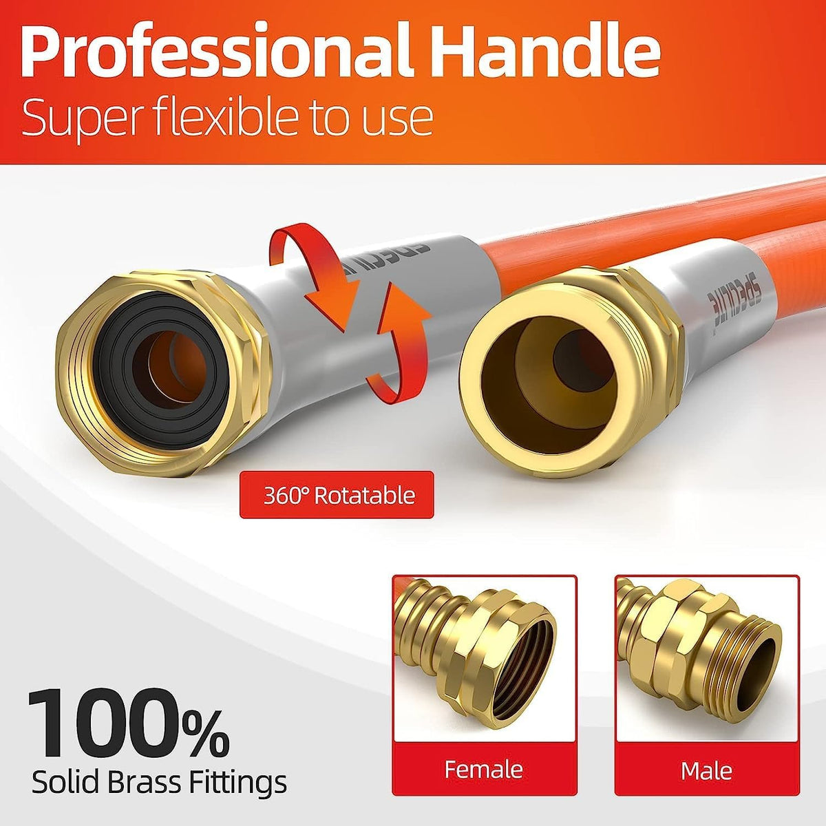 SPECILITE Garden Water Hose 5 ft x 5/8 in, Heavy Duty Leader Pipe Extension, Flexible, Lightweight Kink-less,Hybrid Rubber, with 3/4" Brass Fittings, Orange
