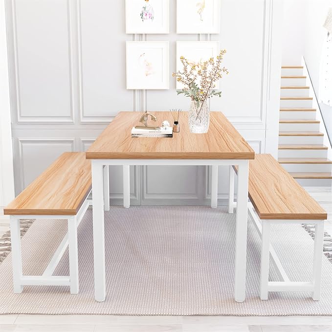 Recaceik Dining Table Set with Bench, 3 Pieces Dining Furniture Set Kitchen Table Set Sturdy Structure Space-Saving Dinette for Kitchen, Dining Room Breakfast Nook, Living Room, Beige