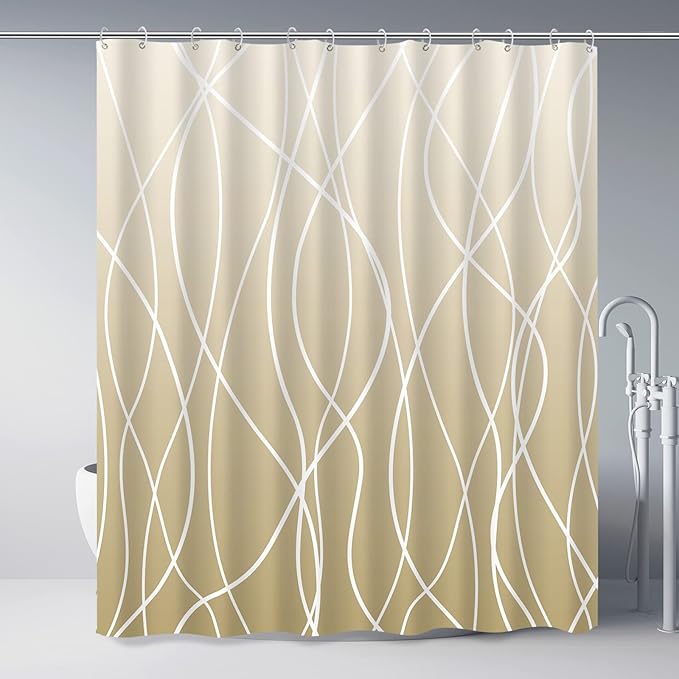 Punkray Ombre Khaki Beige Ivory Shower Curtain for Bathroom with Hooks, Stripe Bath Curtains Decorative Shower Curtains Water Repellent Washable, 72 x 72