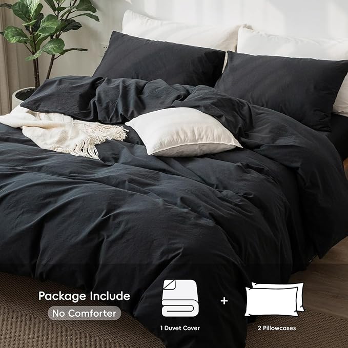 MooMee Bedding Duvet Cover Set 100% Washed Cotton Linen Like Textured Breathable Durable Soft Comfy (Solid Black, Super Queen 90"x98")