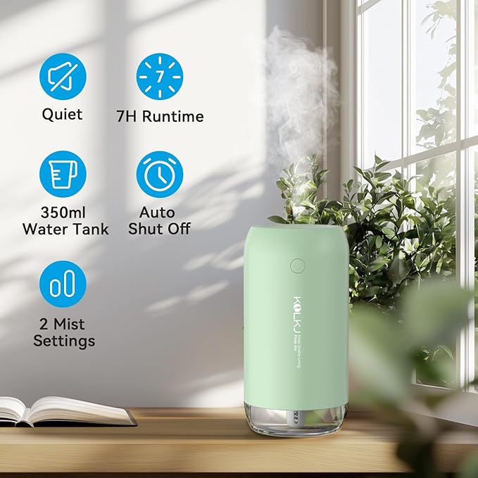 Portable Mini Humidifier, KQLKJ 350ml Small Cool Mist Humidifiers, USB Personal Desktop Humidifier for Bedroom Car Office Travel with Auto Shut-Off & 2 Mist Modes (Green)