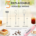 YUSWKO Pink Milk Frother Handheld with 3 Heads, Coffee Whisk Drink Foam Mixer with USB Rechargeable 3 Speeds, Electric Hand Frother for Latte, Cappuccino, Hot Chocolate, Egg