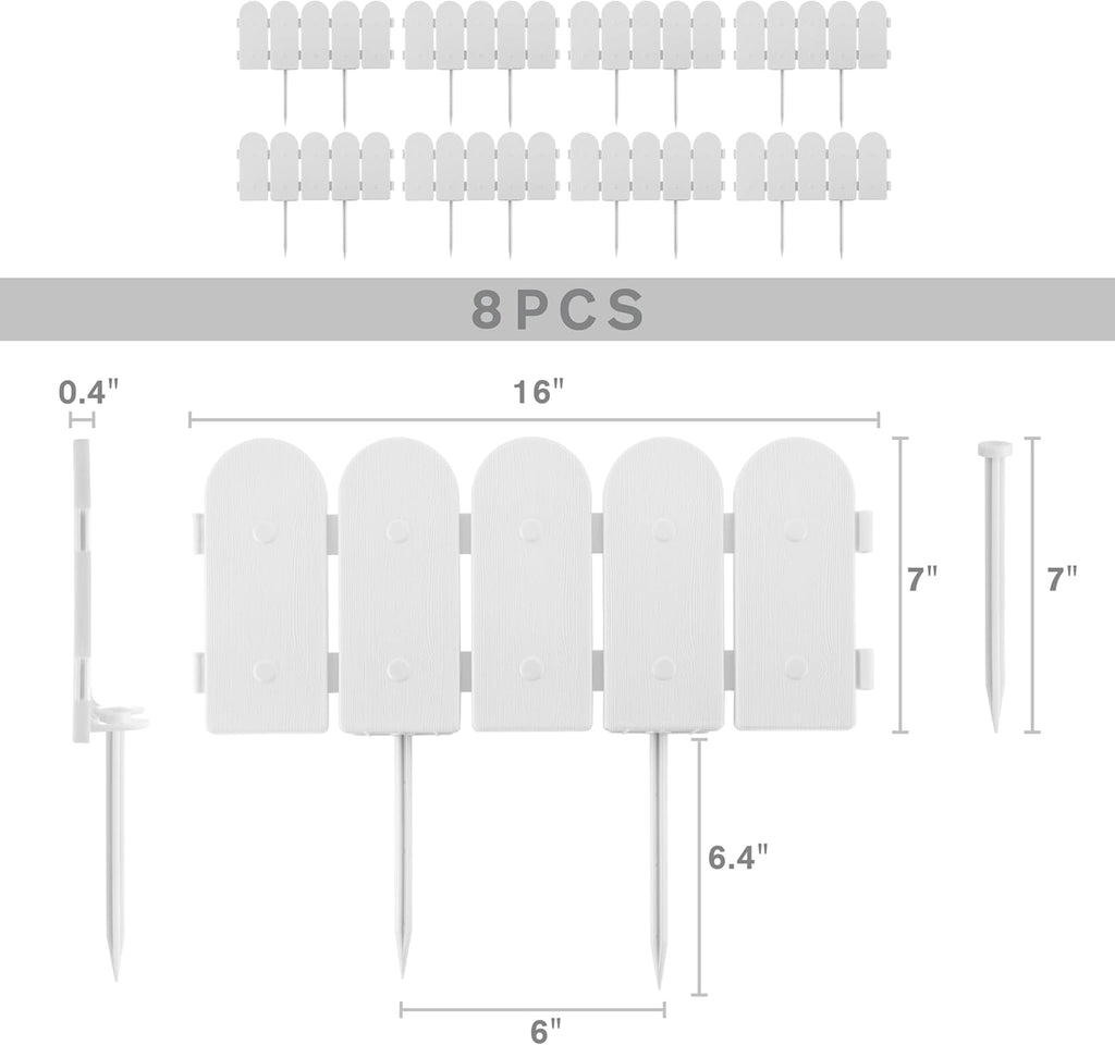 Evelyne Garden Border Edging: Wooden Fence Design - 8pcs White Yard Landscaping Fence Liner Lawn Edge Barrier - 10ft Kit of Decorative Lawn Landscape Panels Elements -Landscaping Edging-GMT-10374-D08