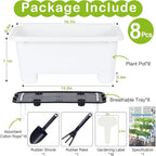 Oliz Self-Watering Rectangle Planter Boxes 8-Pack, 15.7-Inch Window Box Planter with Drainage Holes & Trays, Pots for Vegetables, Herbs, Flowers, Garden Windowsill Balcony (White)
