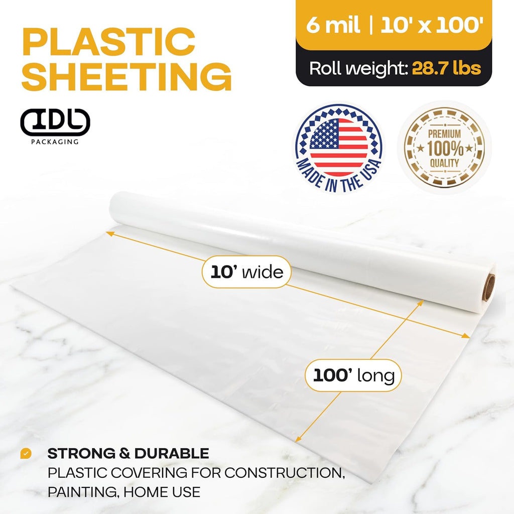 Plastic Sheeting 6 mil, 10' x 100' (1000 sq. ft.) - LDPE Film Roll - Strong Semi-Clear Plastic Rolls Heavy Duty Outdoor - Thick Painting Plastic Covering for Construction by IDL Packaging