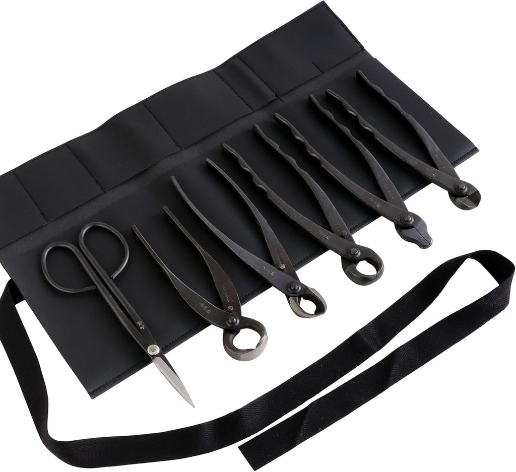 Wazakura Made in Japan 6PCS Bonsai Professional Tool Kit with Roll Bag: Yasugi Steel Twig Scissor, Concave Branch Cutter, Knob Cutter, Jin Plier, Wire Cutter, Root Cutter. Bonsai Tool Set with Case
