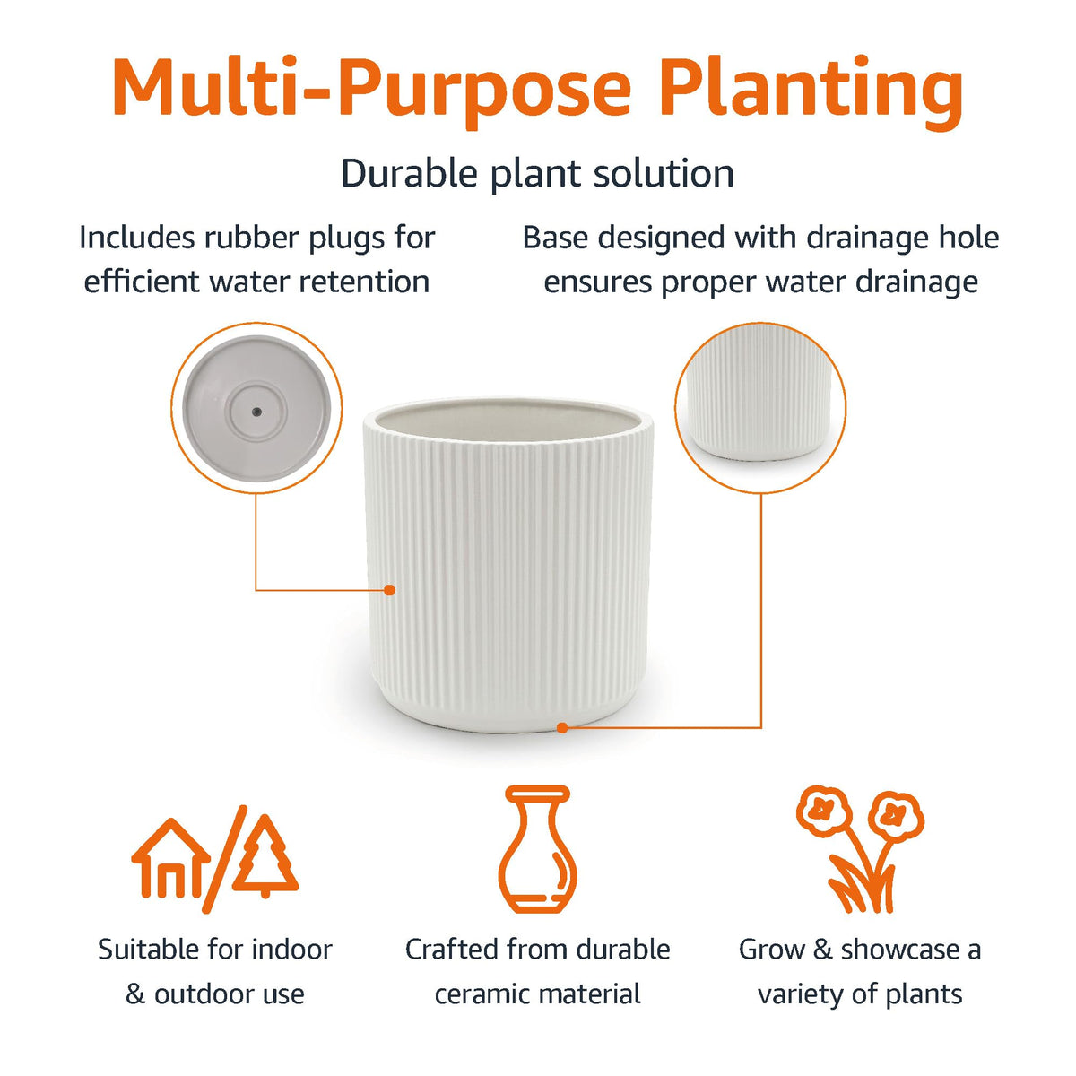 Amazon Basics Fluted Ceramic Planter Pot for Indoor Outdoor Plants, Round Flower Pot with Drainage Hole, 8-inch, White
