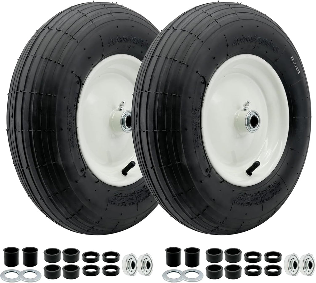 2-Pack 4.80-8 Wheelbarrow Tire with Rim 3"-6''Centered Hub, 3/4" or 5/8''or 1/2'' Bearings, 16‘’ Tire Assembly for Hand Truck,Garden Cart (4.80/4.00-8 Tube Type,3" Center Hub,RibbedTread)