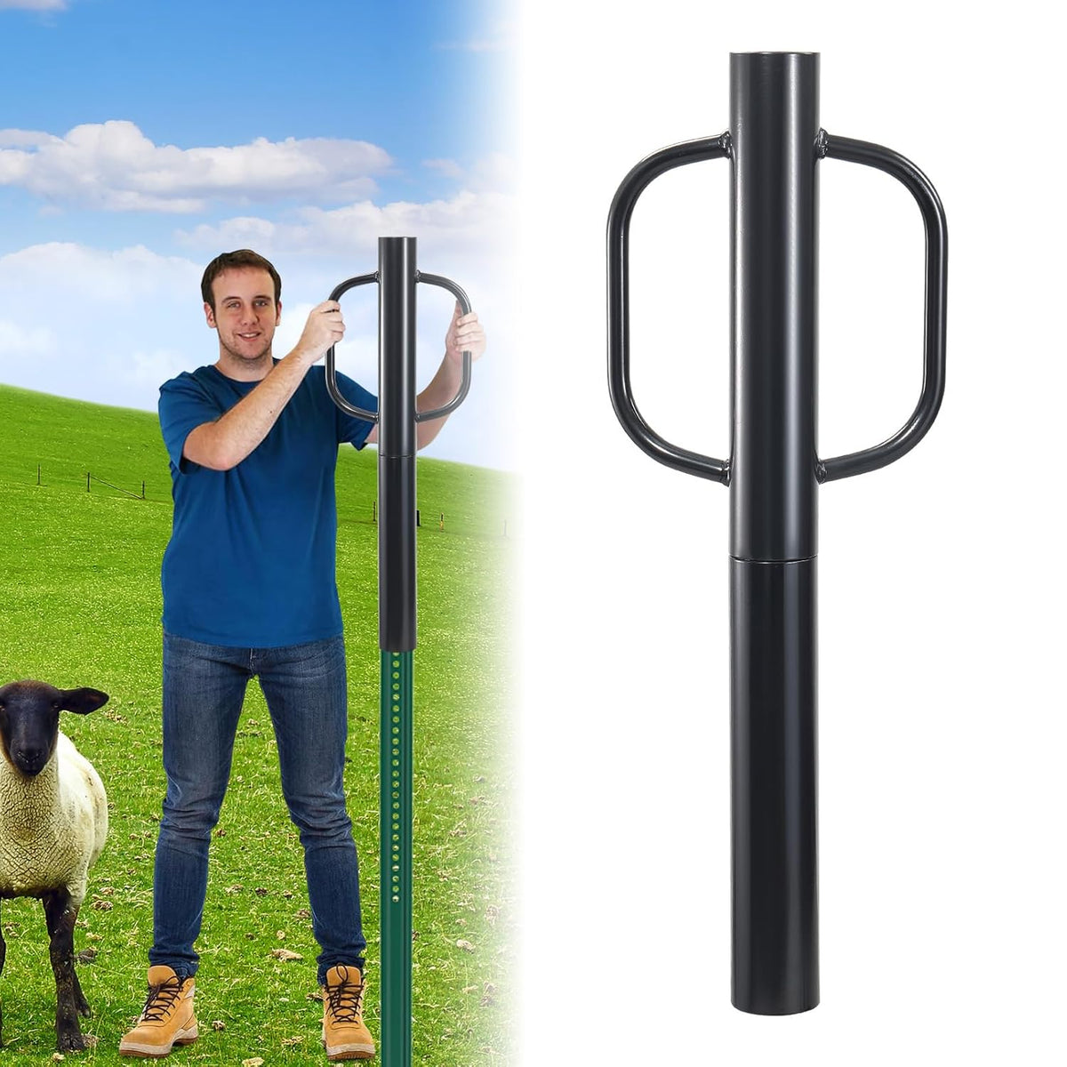 Fence Post Driver, 20LBS Fence Post Driver with Handle, 2.7 inch Inner Diameter Hand Post Pounder, Heavy Duty Driver Tool T Post Rammer for Fence Post U Channel Wooden Post Metal Post, Black