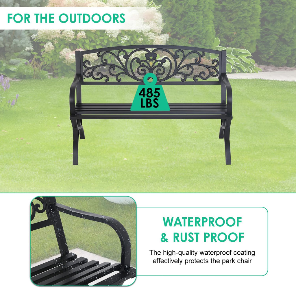 FDW | 50" Outdoor Garden Bench | Black | 485lbs Load Capacity