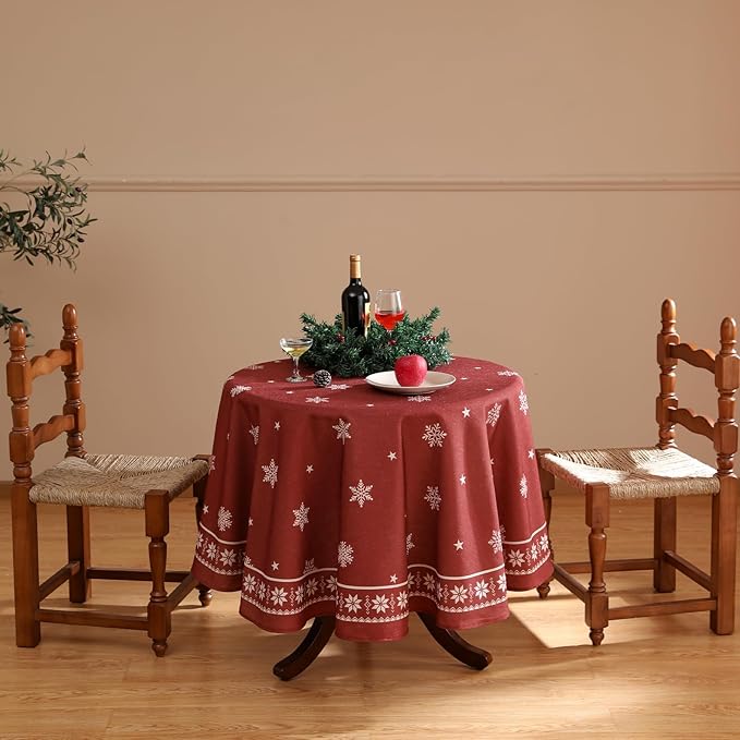 ISAENNE Designer Christmas Red Small Round Tablecloth,Linen Table Cloth with Snowflakes Pattern,Wrinkle Resistant Decor Tablecloths for Dining Kitchen Thanksgiving Christmas,Diameter 55"-Carol C