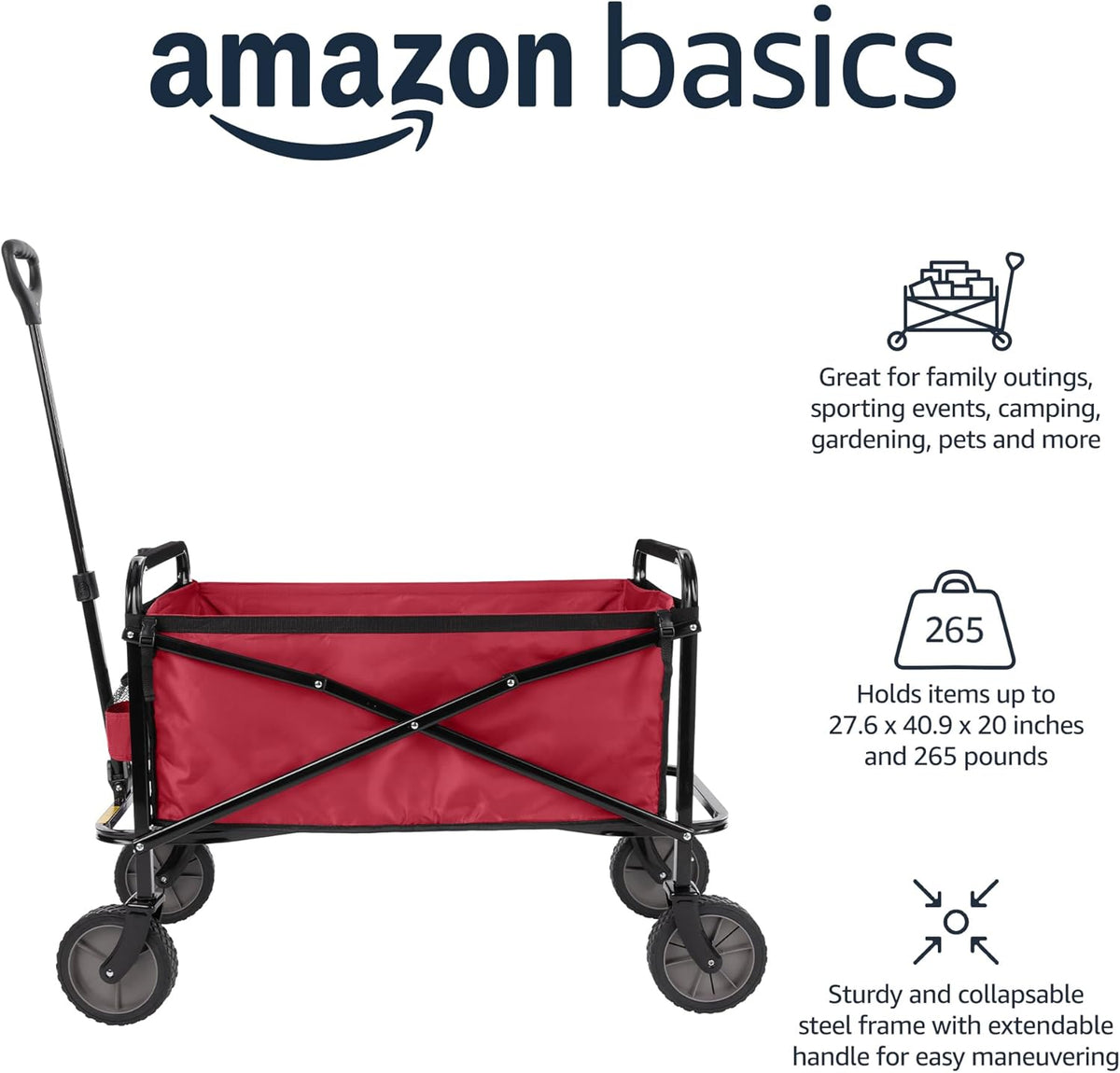Amazon Basics Collapsible Folding Heavy Duty Utility Wagon for Outdoor Sports, 265 pounds Weight Capacity, Camping, Garden, and Shopping, 27.6 x 40.9 x 20 inches, Red