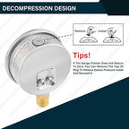 MEASUREMAN Lead-Free Pressure Gauge, 2-1/2inch Dial, Glycerin Filled, 0-60psi/kpa, Stainless Steel Case, 1/4inchNPT Lower Mount
