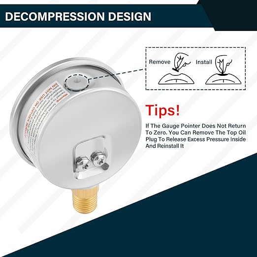 MEASUREMAN 2-1/2inch Dial Size, Oil Filled Pressure Gauge, 0-160psi/kpa, 304 Stainless Steel Case, 1/4inchNPT Lower Mount