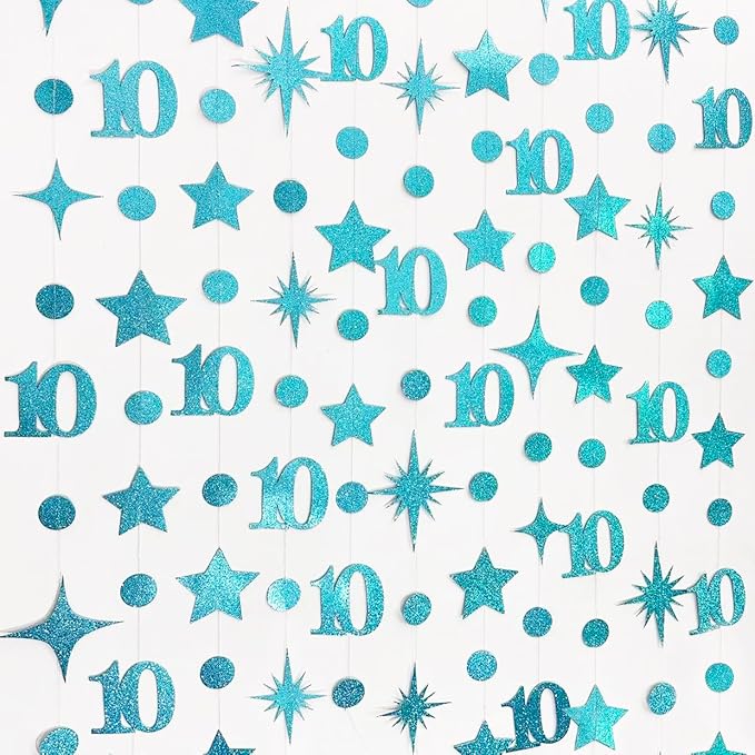 Teal Blue 10th Birthday Decorations Number 10 Circle Dot Star Garland Glitter Streamer Banner Backdrop for Girls Boys Double Digits Cheers to 10 Years Old Birthday 10th Anniversary Party Supplies