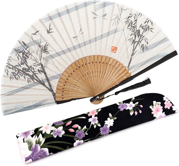 Amajiji 8.27"(21cm) Hand Held Bamboo Silk Folding Fan Hand Fan,Chinese/Japanese Charming Elegant Vintage Retro Style,Women Ladys Girls Best Gifts (White Bamboo Forest)