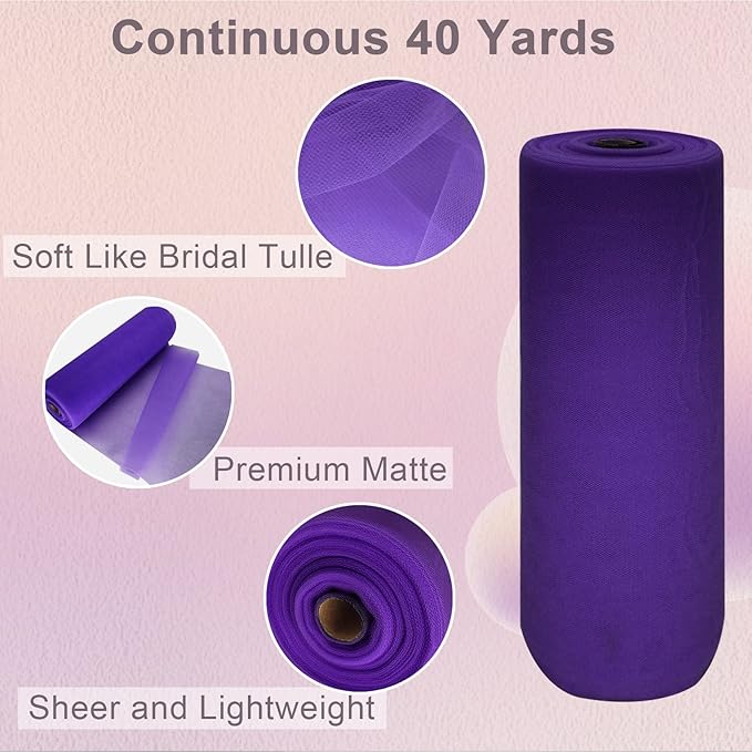 Purple Tulle Fabric Roll Spool Bolt (54 Inch by 40 Yards) Large Tulle Wedding Party Decoration, Tutu Skirt, Table Runner, Gift Wrapping, Bridal Shower, Soft & Drape (Purple)