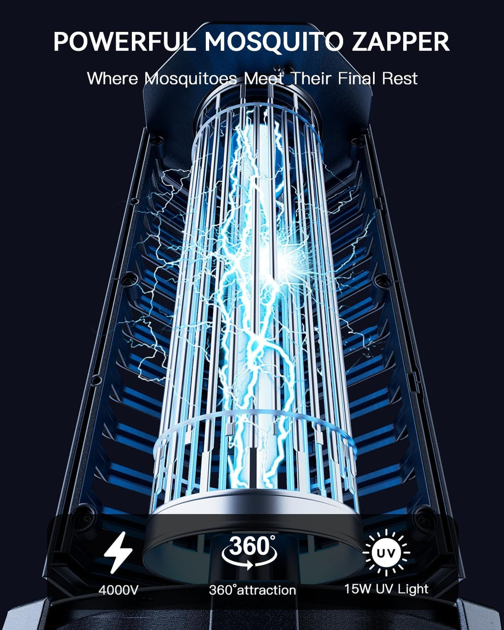 Minimoon Bug Zapper Outdoor 4000V Powerful Electric Mosquito Zapper, 15w Fly Trap Outdoor, IPX4, Corded Fly Zapper for Indoor, Yard, Backyard, Patio, Camping (Black)