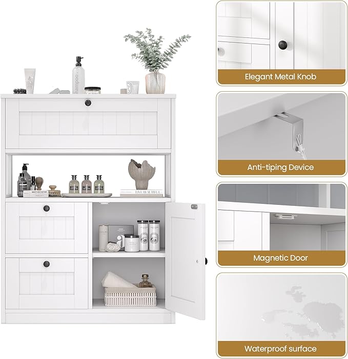 Bathroom Cabinet, Modern Bathroom Floor Storage Cabinet Organizer with 1 Door and 3 Drawers, Freestanding Cupboard for Kitchen/Living Room Use
