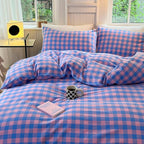 FACE TWO FACE Bedding Duvet Cover Set100% Washed Cotton Duvet Cover Linen Like Textured Breathable Durable Soft Comfy (Full, Blue Purple Grid)