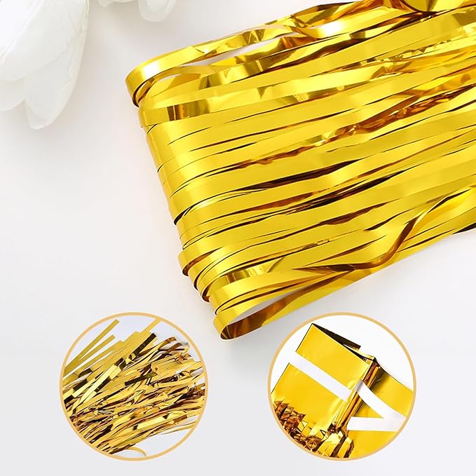 10 Pack Gold Foil Curtain Backdrop 3.2ft x 9.8ft Metallic Tinsel Foil Fringe Curtains Streamer Photo Booth Backdrop for Birthday Party Engagement Bachelorette Party Decorations (Gold)