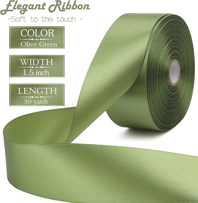 Olive Green Solid Satin Ribbon 1-1/2 Inch 50 Yards Solid Polyester Fabric Ribbon for Gift Wrapping Wedding Christmas Baby Shower Birthday Party Decoration Handmade Immortal Flower Craft