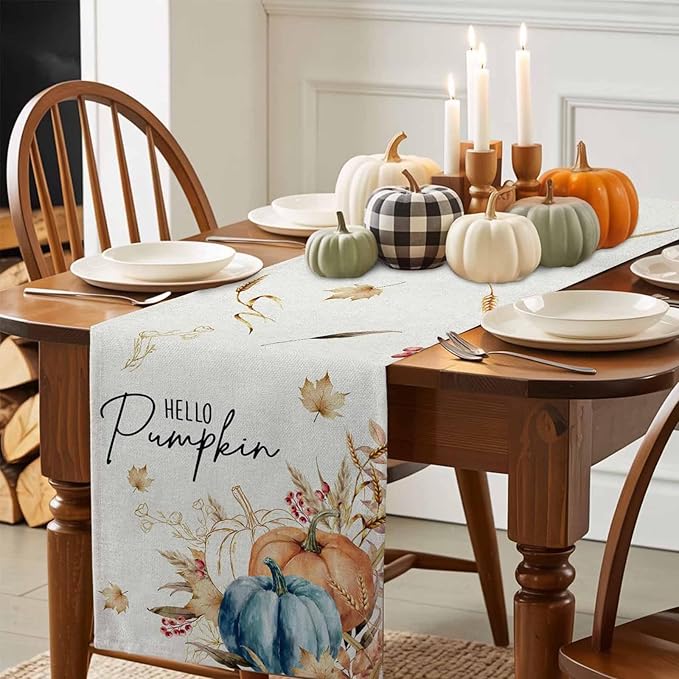 Fall Thanksgiving Cotton Linen Table Runner for Dining Kitchen, Orange Pumpkins Outdoor Party Autumn Tablerunners Decoration Rustic Wheat Leaves Dresser Scarf Coffee Tablecloth Runners 13x108 Inches