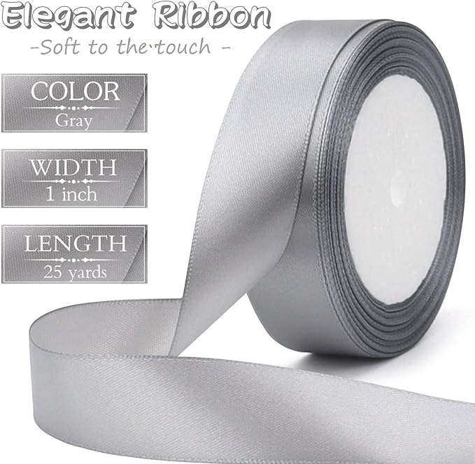 Gray Solid Satin Ribbon 1 Inch 25 Yards Solid Polyester Fabric Ribbon for Gift Wrapping Wedding Christmas Baby Shower Birthday Party Decoration Handmade Immortal Flower Craft