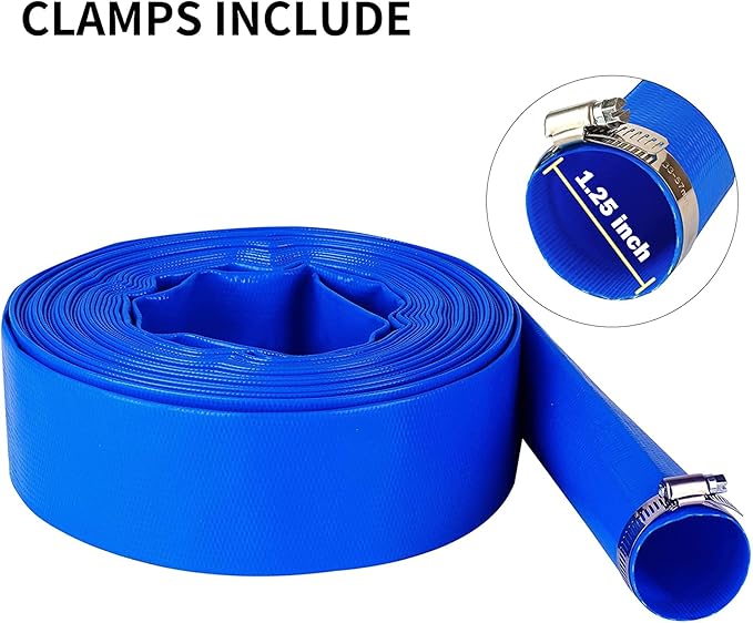 DAVCO 1.25" x 50 ft Pool Backwash Hose, Heavy Duty Reinforced Blue PVC Lay Flat Water Discharge Pump Hoses For Swimming Drain Pools and Clean Filters,with 1 Clamp