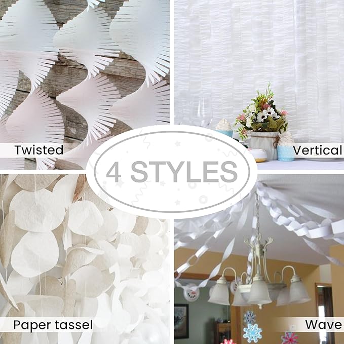 PartyWoo White Crepe Paper Streamers 4pcs 328ft Pack of Pearl White Crepe Paper Streamers for Wedding Graduation Baby Shower Engagement Anniversary Bachelorette Winter Birthday Party Decorations