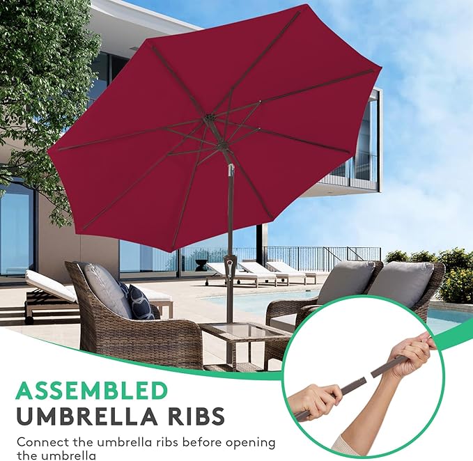 JEAREY 10FT Outdoor Patio Umbrella Outdoor Table Umbrella with Push Button Tilt and Crank, Market Umbrella 8 Sturdy Ribs UV Protection Waterproof for Pool, Garden (Wine Red)