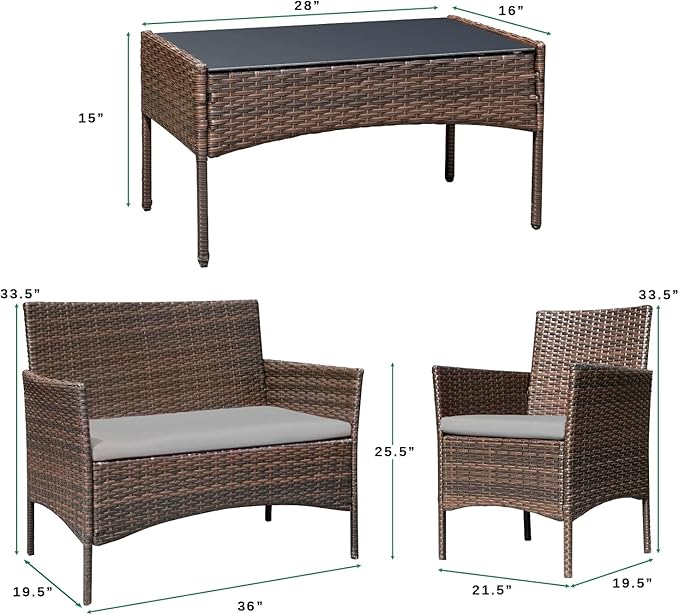 Greesum Patio Furniture 4 Pieces Conversation Sets Outdoor Wicker Rattan Chairs Garden Backyard Balcony Porch Poolside loveseat with Soft Cushion and Glass Table, Brown and Gray