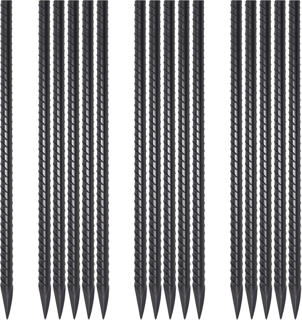 Straight Rebar Stakes 18 Inch 16 Pack Heavy Duty Steel Ground Stakes 1/2 Inch Diameter Landscape Timber Spikes with Chisel Point End for Plant Support, Concrete Form and Fence, Black