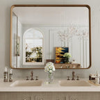LOAAO 40X36 Inch Bathroom Mirror with Wood Grain Colored Metal Frame, Rounded Rectangle Metal Framed Bathroom Mirror, Anti-Rust, Hangs Horizontally or Vertically, Tempered Glass